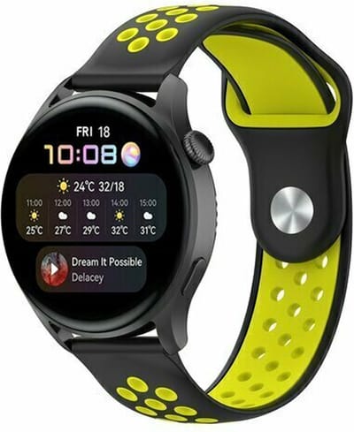 By Qubix - 22mm - Sport Edition siliconen band - Zwart + geel - geschikt voor Huawei Watch 3 / 4 / 5 (pro) - 46mm & geschikt voor Huawei Watch GT / GT 2 / GT 3 (pro) / GT 4 (pro) / GT 5 (pro) / GT 6 (pro) 46mm / Ultimate / Ultimate 2