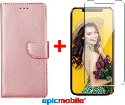 Hoesje geschikt voor iPhone 13 pro book case - deluxe portemonnee hoesje + Screenprotector - 9H tempered glass - Rose goud - EPICMOBILE
