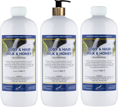 Body & Hair Milk & Honey 1 liter met gouden pomp - set van 3 stuks - 2 in 1 voor lichaam en haar - voordeelverpakking