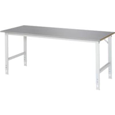 Rau werktafel Tom, handmatig in hoogte verstelbaar, 25 mm MDF blad met roestvrij stalen bekleding, tot 500 kg, B 2000 x D 800 x H 760-1080 mm, zilver/lichtgrijs