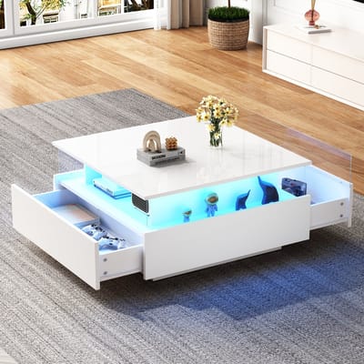 Moderne salontafel 70x70x41 cm - met LED-verlichting - 2 lades en transparante display - wit