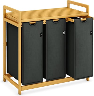 SnelShoppen - AdealDream Wasmand Bamboeframe 150 L, 3 Vakken, Bamboe Strikdesign, Grijs, Ideaal voor Wassen Sorteren, Kinderkamer en Huishouden