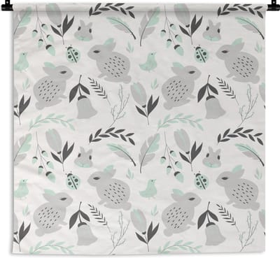 Wandkleed - Wanddoek - Konijnen - Patronen - Lente - 90x90 cm - Wandtapijt