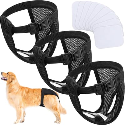 Wasbare hondenluiers voor vrouwelijke puppy's in de hitte - 3-pack met 9 pads, beschermende broekjes voor maandelijkse bloeding, zwart (XL)