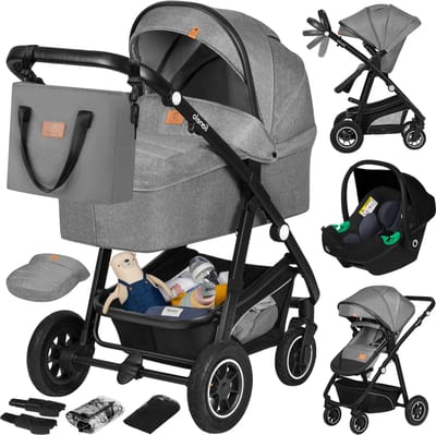 Lionelo Bianka Kinderwagen 3 in 1 – Reiswieg, Wandelwagen & Autostoel – Compact Opvouwbaar – Omkeerbare Zitting – Luchtbanden met Vering – XXL UPF50+ Capuchon – 0-22 kg – Complete Accessoireset - Astrid i-Size Lite Autostoel