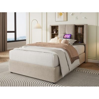 ModernLuxe Gestoffeerd opbergbed 90x200 cm - met draadloos opladen en opbergkop - linnen stof - Beige