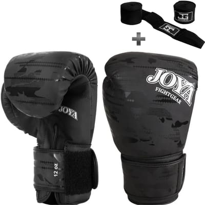 JOYAGEAR Kickbokshandschoenen Camo V2 – Zwart – PU Leer – 4 oz – Voor Kinderen & Volwassenen – Boksen & Kickboksen - Inclusief Bandage