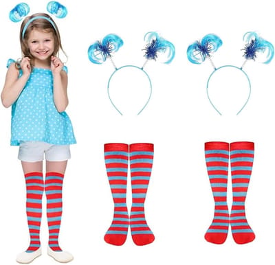 Set van 2 Kostuums voor Kinderen voor Wereld Boek Dag, Inclusief Cosplay Outfit, Kniehoge Sokken en Paardenstaart Hoofdband voor Halloween en Feestjes
