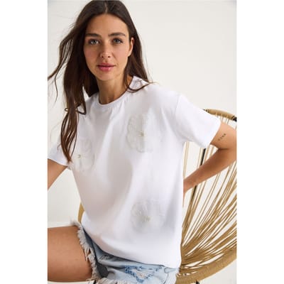 Bloemenprint T-shirt met ronde hals en accessoire-detail