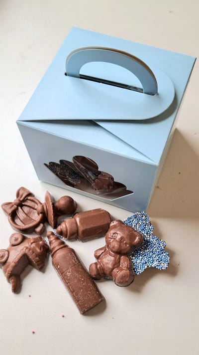 Geboorte Chocolade blauw in kubusdoosje - Kraam-cadeau - jongen - Geboorte - babyshower - snoep - speentjes - kinderwagens - papflesjes - beertjes - 200gr. - Melk