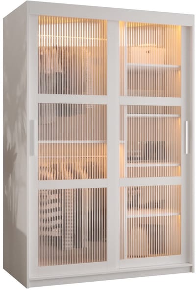 Zweefdeurkast Kledingkast met 2 schuifdeuren glanzen slaapkamerkast Kledingstang met planken Garderobekast met geribbeld glas - ARTON (120 cm, Wit)