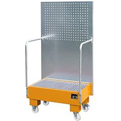 Verrijdbare lekbak LPW 60-2, met geperforeerde plaatwand, van staal, capaciteit 2 x 60 liter vat, oranje