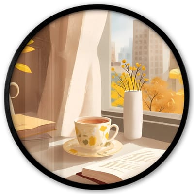 Poster in lijst Rond - Fotolijst 40x40 cm - Posters - Thee - Boek - Thee - Herfst - Ronde posterlijst zwart - Decoratie - Wanddecoratie woonkamer - Muurdecoratie slaapkamer