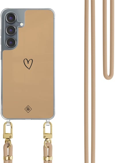 Casimoda® hoesje met koord - Geschikt voor Samsung S25 - Hart Bruin - Afneembaar koord - TPU/polycarbonaat - Bruin/beige