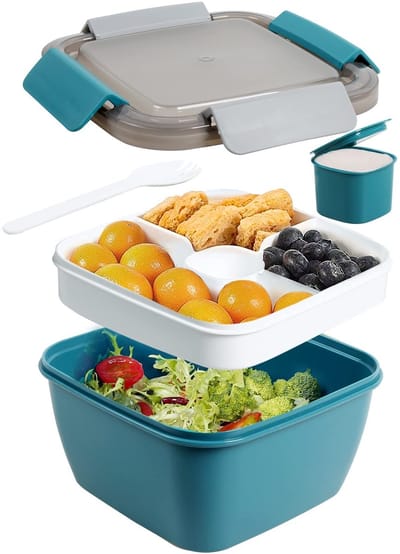 carmdering - Lunchbox Met 3 Vakken - Maaltijdcontainer Met Dressinghouder - Gescheiden Opbergdoos - Luchtdichte Siliconen Afdichting - Vaatwasserbestendig Ontwerp - BPA-vrij PP Materiaal - Compacte Draagbare Vorm - Ideaal Voor School En Werk - 1 Set