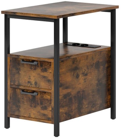 Tafel, salontafel, bijzettafel, met opbergkast, met oplaadpoorten, 2 lades, geschikt voor woonkamer en slaapkamer 55×35×58,5 cm bruin metaal en hout
