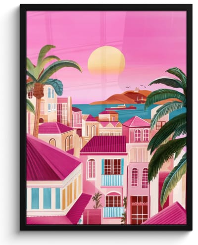 Poster in lijst - Fotolijst 50x70 cm - Posters - Stad - Roze - Palmbomen - Posterlijst zwart - Decoratie - Wanddecoratie woonkamer - Muurdecoratie slaapkamer
