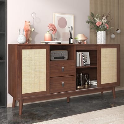 BLACKCOLORS - Dressoir - Met 3 Schuifdeuren van Echt Rotan - 2 Lades - Ademend en Stabiel - 155x38x80 cm