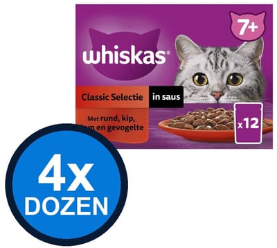 4x Whiskas - 7+ Pouch Senior Saus Classic Selectie Multipack (12x85g) - Kattenvoer Natvoer - 1.02 kg