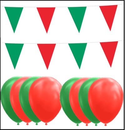 2x Vlaggenlijn rood/groen 10 meter + 20 ballonnen rood/groen - Versiering Slinger Feestdecoratie Decoratie