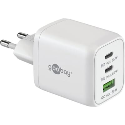 Goobay 65 W GaN multiport snellader Nano wit, 2 USB-C Power Delivery poorten en 1 USB-A Quick Charge, voor laptop en 2 andere apparaten tegelijk