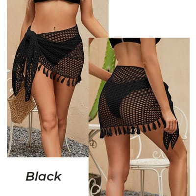 Maillot de bain d'été pour femme Filet Crochet Couvre-maillot de plage Jupe courte à nouer Ajourée Franges Pompons Sarong Convertible 100% Acrylique L brown