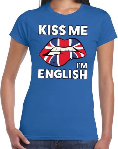 Kiss me I am English t-shirt blauw dames - feest shirts dames - Engeland kleding XS