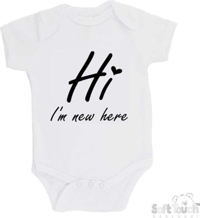 100% katoenen Romper "Hi I'm new here" Met Een Hartje Unisex Katoen Wit/zwart Maat 62/68