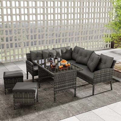 Poly rotan zitgroep eettafel lounge tuinmeubelen zitset tuin loungeset voor 7 personen, met bank, tafel, kruk & kussens, afneembare en wasbare stoffen hoes, grijs