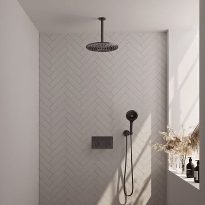 BRAUER Gunmetal Edition thermostatische inbouw regendouche met drukknoppen SET 60 met 30 cm douchekop en plafondarm en 3-standen handdouche en doucheslang en wandaansluitbocht gunmetal geborsteld PVD