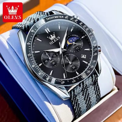 HO-3630.zw : Olevs zwart edelstaal horloge, chronografisch, tachymeter, zwarte wijzerplaat, seconden & minuten & uur/maanfase aanduiding