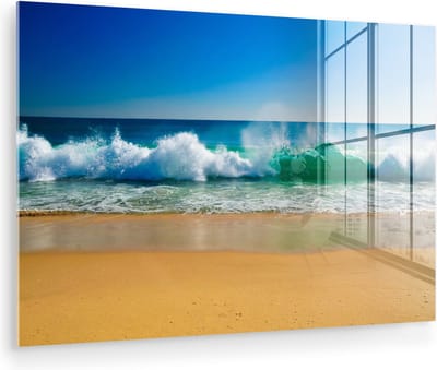 MuchoWow® Glasschilderij 120x80 cm - Schilderij acrylglas - Zee - Golf - Strand - Foto op glas - Muurdecoratie woonkamer - Wanddecoratie slaapkamer - Schilderijen