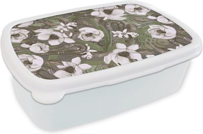 Broodtrommel Wit - Lunchbox - Brooddoos - Bloemen - Jungle - Vintage - Patroon - 18x12x6 cm - Volwassenen