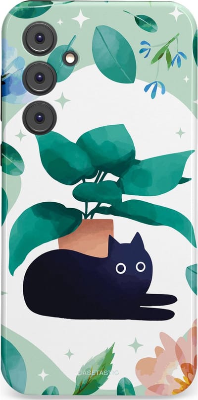 Casetastic hoesje geschikt voor Samsung Galaxy A35 - Dubbellaagse bescherming - Plantenkat - Fashion Case - Lichtgrijs Turquoise Wit Mintgroen