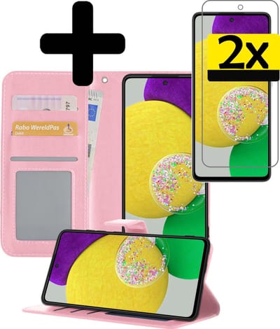 Hoesje - Met 2x Screenprotector - Geschikt voor Samsung Galaxy A52s 5G - Luxe Pasjeshouder - Bookcase Portemonee - Flip Case - Kunstleer Book Case - Flipcase Hoes - Book Cover - Walletcase - Portemonneehoes - Telefoonhoesjes - Lichtroze