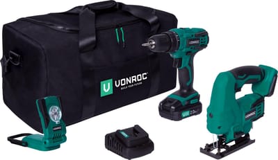 VONROC Gereedschapsset VPower 20V – Accuboormachine, Decoupeerzaag, LED-Werkverlichting, 1x 2.0Ah accu en Snellader