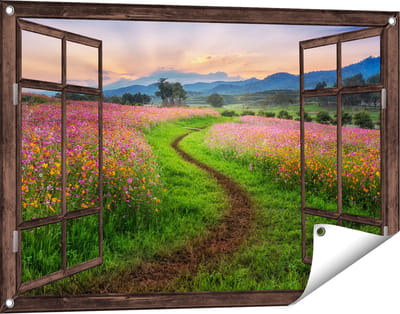 Gards Tuinposter Doorkijk Kosmos Bloemenveld met een Pad - Bloemen - 90x60 cm - Tuindoek - Tuindecoratie - Wanddecoratie buiten - Tuinschilderij