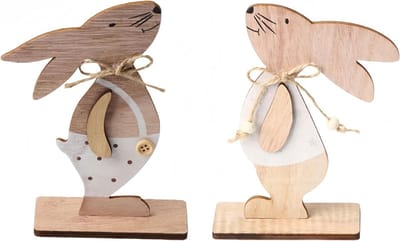 Set van 2 houten haasfiguren voor paasdecoratie - Lente ornamenten en tafeldecoratie voor Pasen