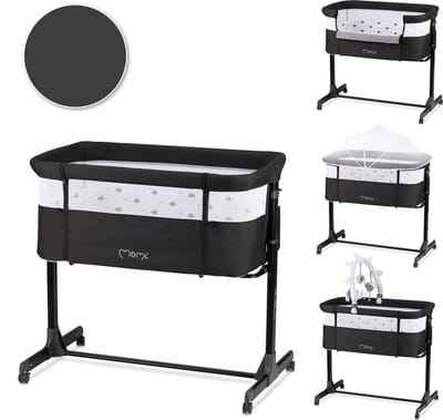 MoMi REVO Co-Sleeper - Aanschuifwieg & Babywieg - 6 Hoogtestanden - Met Matras, Muziekboog & Muskietennet - Lichtgrijs