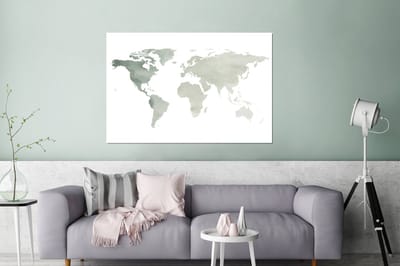 Aluminium schilderij 120x80 cm - Wanddecoratie metaal - Wereldkaart - Grijs - Wit - Metalen muurdecoratie woonkamer - Decoratie industrieel - Foto op dibond - Industriële accessoires slaapkamer