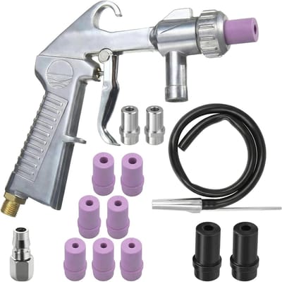Complete zandstraalset met handzaam straalpistool, 8 keramische en 4 metalen nozzles voor efficiënt reinigen en stralen