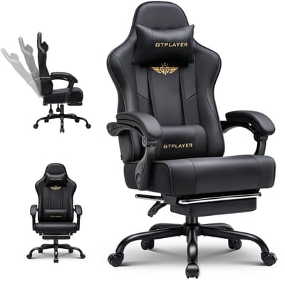 GTPLAYER - Gaming Stoel - Met Voetensteun Hoofdsteun en Lendensteun 180kg - Zwart