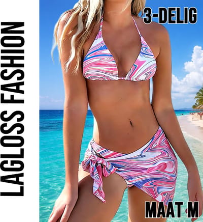 LaGloss® 3-delige Tie Dye Marmer Bikini Set Dames Roze met Pareo Wrap Rok – Strand mode – Beach Fashion – Maat M