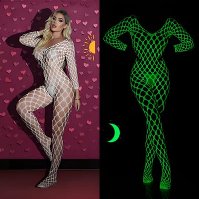 Sexy Glow-in-the-Dark Bodystocking - Wit/Groen - Sexy Lingerie - One Size S-L (36-40) | LS409