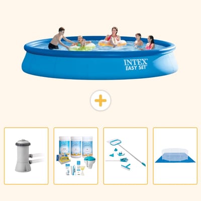 Intex Rond Opblaasbaar Easy Set Zwembad - 457 x 84 cm - Blauw - Inclusief Pomp - Onderhoudspakket - Schoonmaakset - Grondzeil - 5-delig