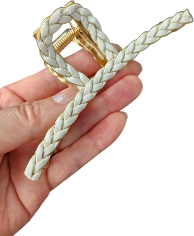 Mooie Goudkleurig Haarklep 11.5x4 cm - Youhomy ACCESSOIRES haarklemmen- Luxe sierklem - Gevlochten Wit en goud rand- Hairclip vrouwen en dames| Cadeau voor vrouwen| Moederdag| Valentijnsdag cadeau
