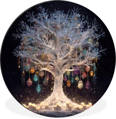 WallCircle - Wandcirkel - Muurcirkel - Sneeuwboom - Lichtjes - Wit - Kleurrijk - Aluminium - Dibond - 30x30 cm - Binnen en Buiten