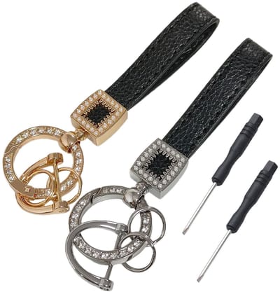 Allecto - Lederen autosleutelhanger - Sleutelhangerhouder - Bling design - Zwart - Anti-verloren D-ring - Universeel geschikt voor autosleutels - 2...