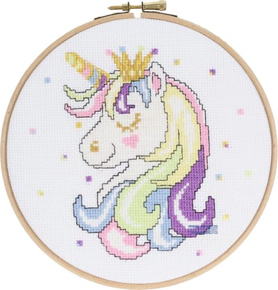 Pako Borduurrpakket met telpatroon - Unicorn - 212.359 - voorgesorteerd garen - aida wit - 17 cm rond - DIY kit