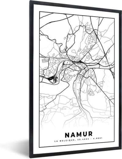 Fotolijst incl. Poster Zwart Wit- België – Namur – Stadskaart – Kaart – Zwart Wit – Plattegrond - 40x60 cm - Posterlijst